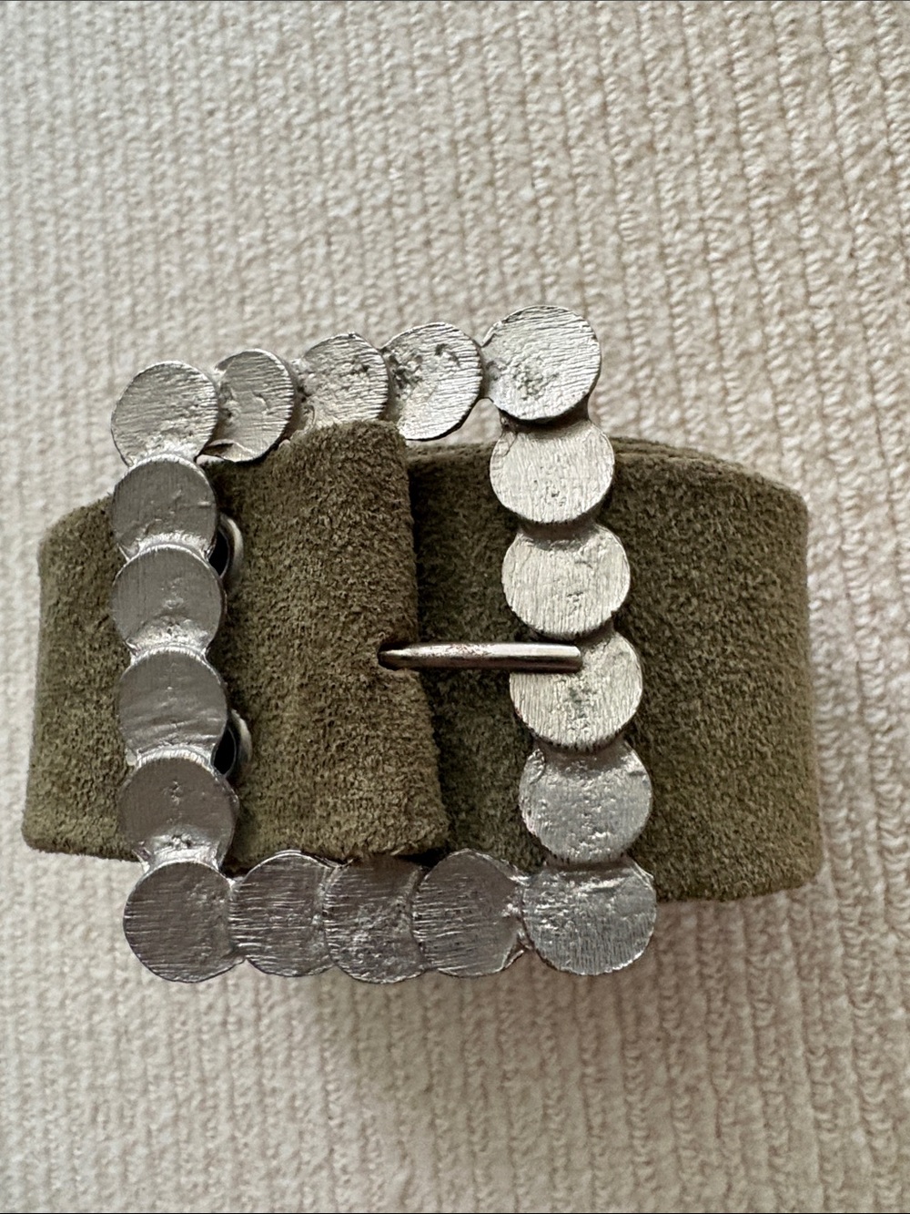 Olive Suede Round-Disc Rectangular Buckle Belt